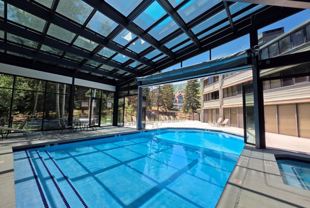 Indoor-outdoor pool and fitness center at Silver King Condominiums in Park City Utah