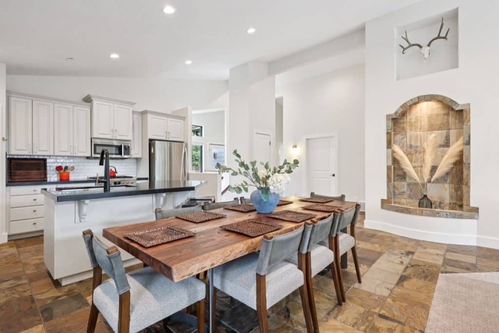Renovated kitchen featuring new countertops, appliances, and can lighting in Deer Mountain home for sale