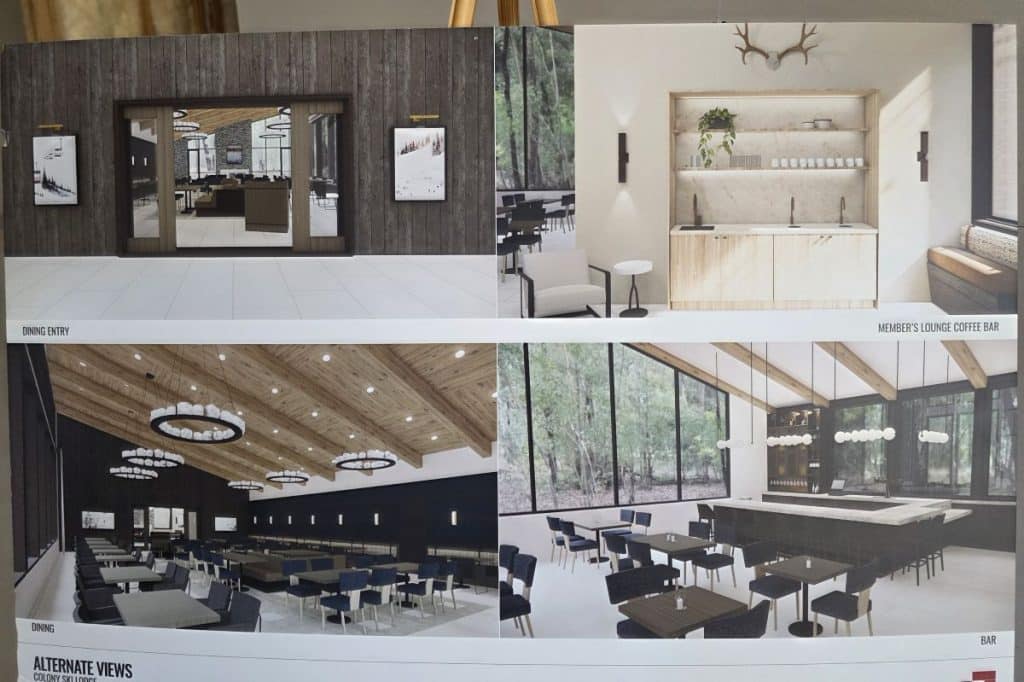 Renderings of the clubhouse and ski lounge at the Colony at White Pine Canyon