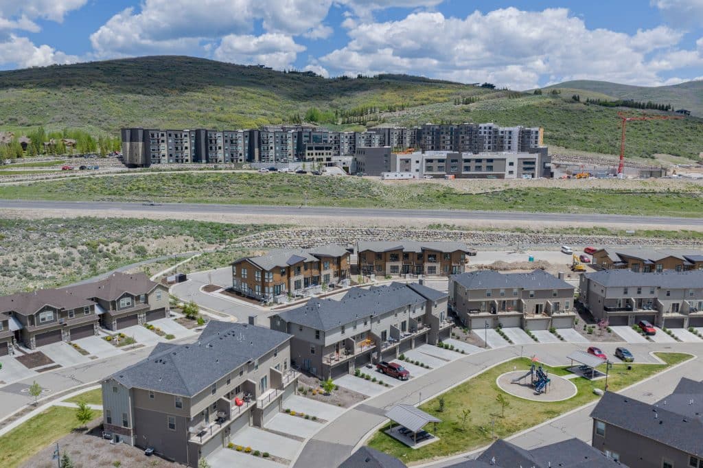 Aerial of Wasatch Springs townhomes near Park City with Black Rock Mountain Resort, Ice Arena and Event Center in the Background