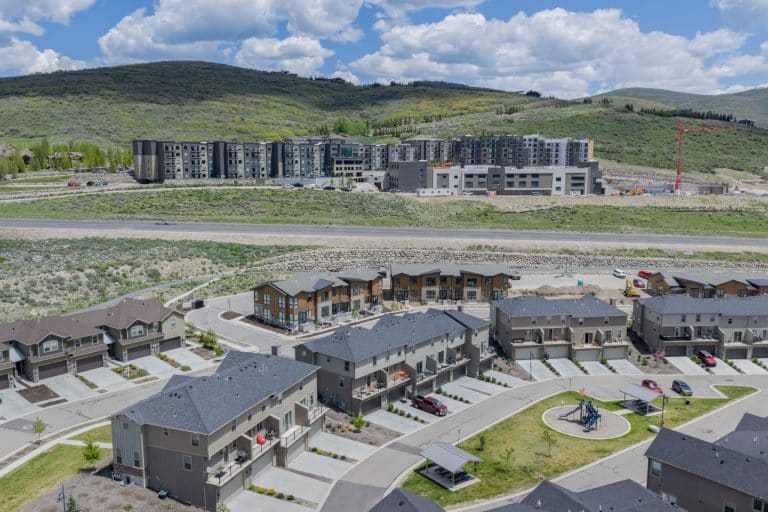 Aerial of Wasatch Springs townhomes near Park City with Black Rock Mountain Resort, Ice Arena and Event Center in the Background