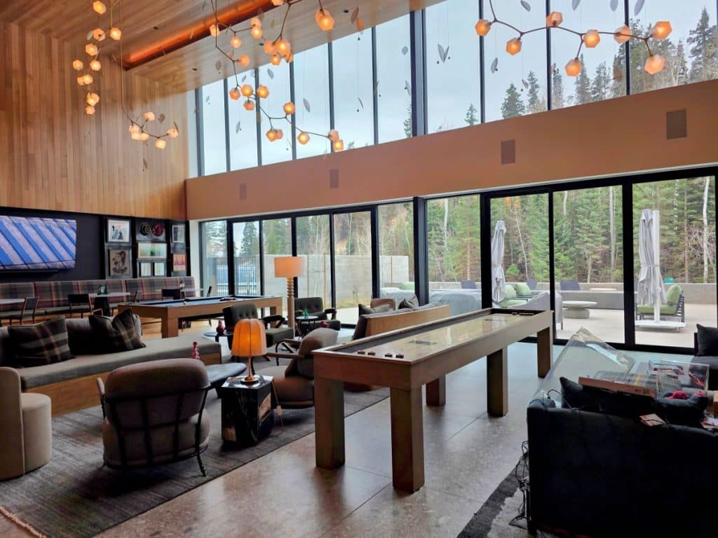 Ski lounge and social gathering space at Founders Place Deer Valley amenities building