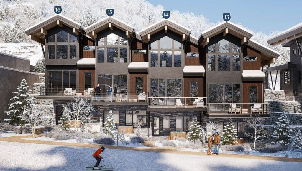 Modern alpine chalet-style architecture at The Havens at Deer Crest new construction townhomes in Deer Valley