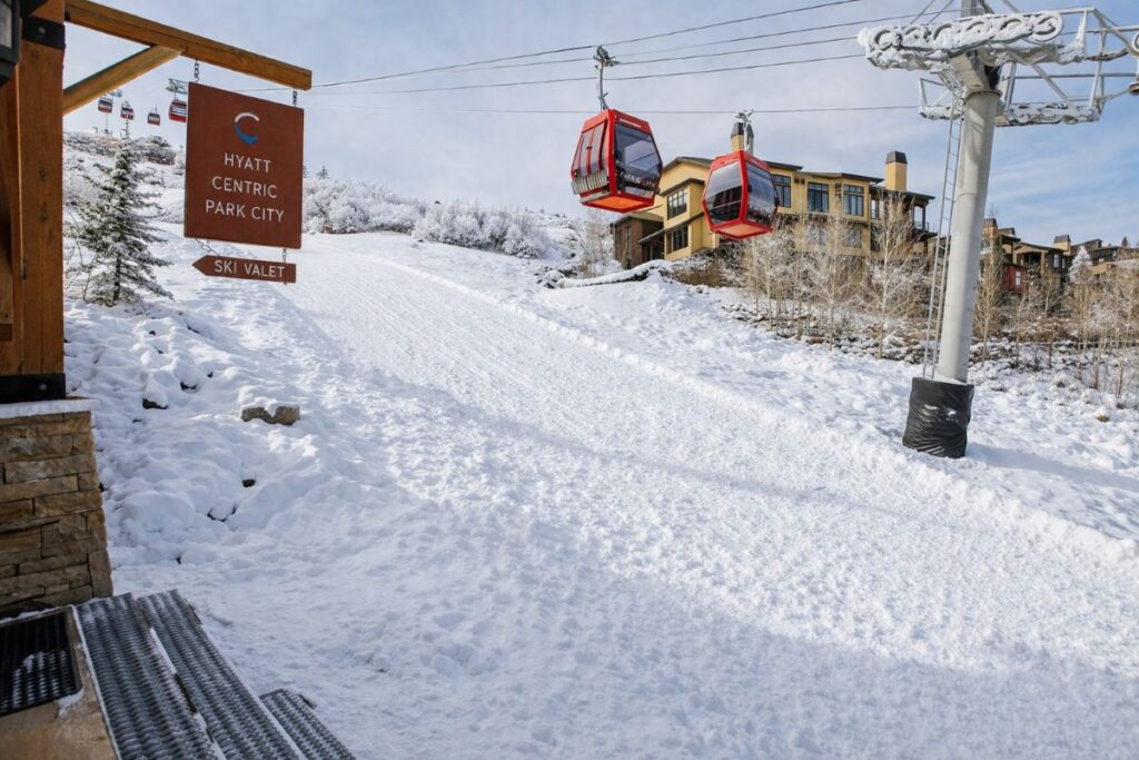 Ski run and Sunrise Gondola access at Hyatt Centric Park City showing direct ski-in ski-out access in Canyons Village