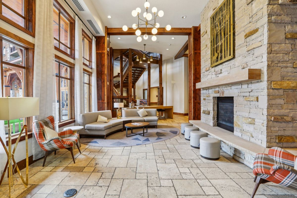 Hyatt Centric Park City lobby interior showing modern mountain design in a luxury condo hotel in Canyons Village
