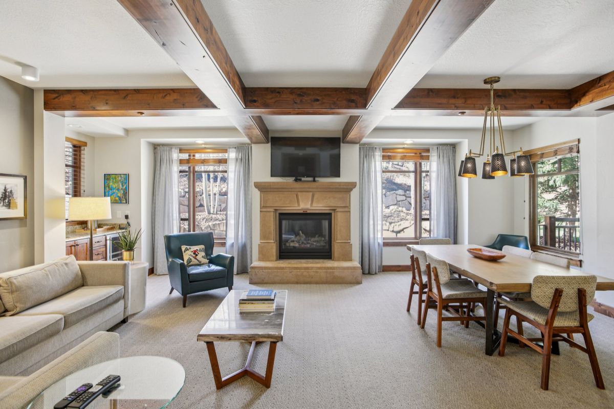 Hyatt Centric Park City Unit 225 living room with fireplace and gondola views