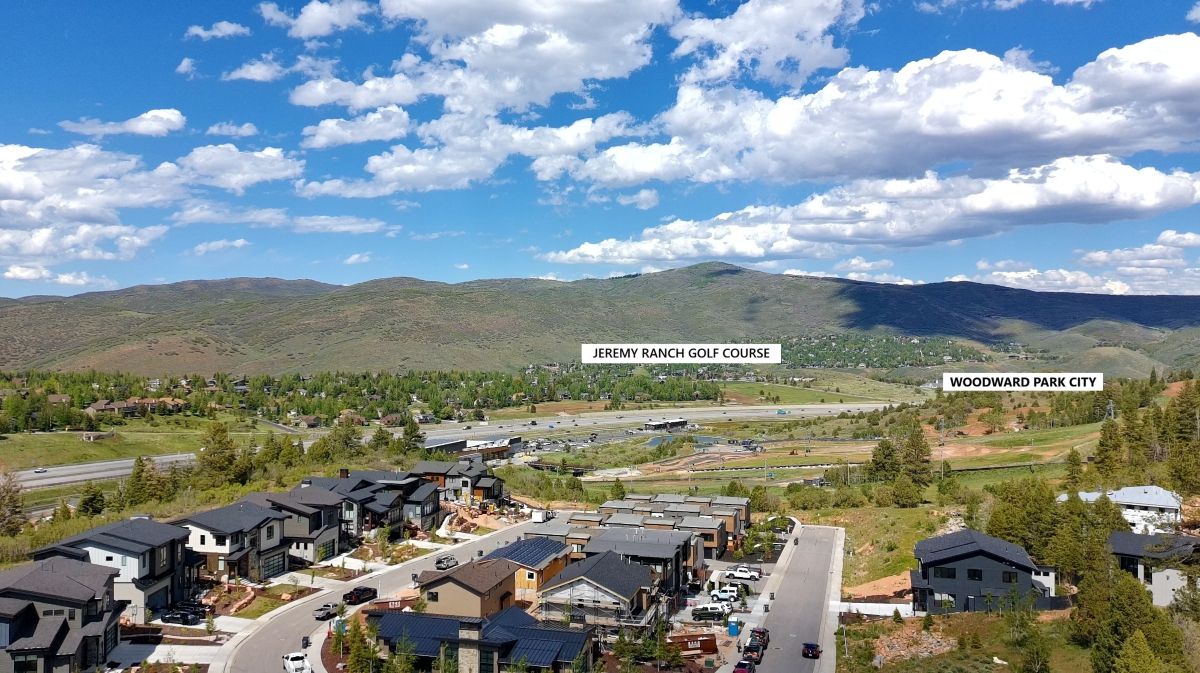 Aerial view illustrating Discovery Ridge's convenient location near Woodward Park City, hiking trails, Kimball Junction, and Park City amenities.