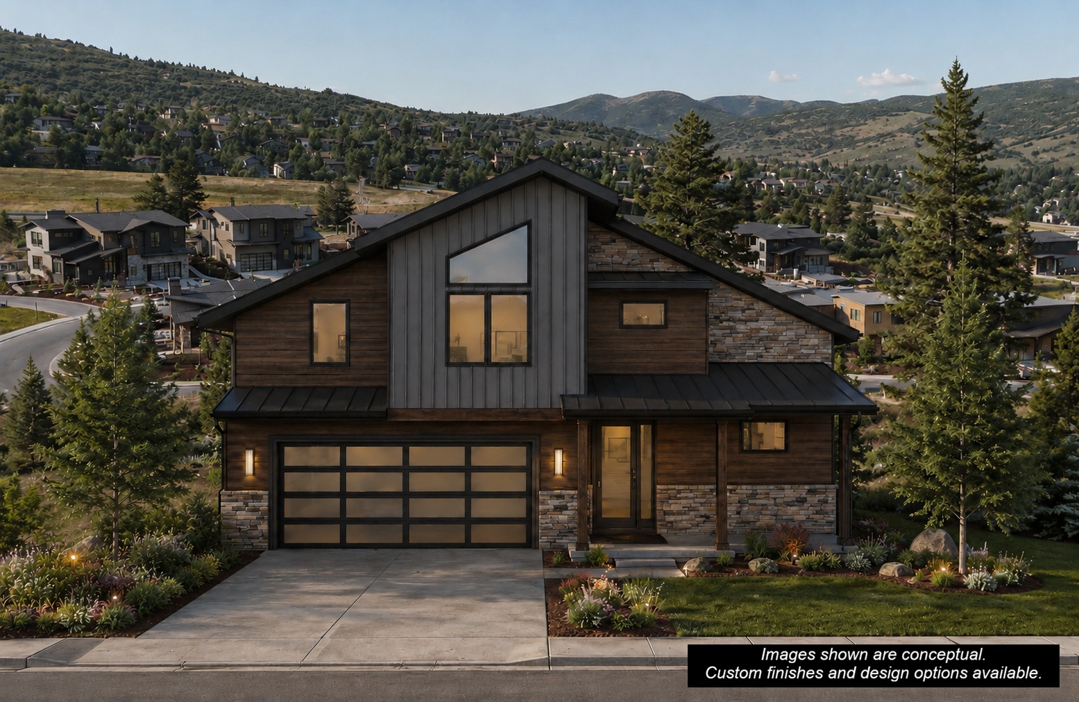 Exterior rendering of the build-to-suit home at 4086 Crest Court in Discovery Ridge, Park City, featuring modern mountain architecture and semi-custom design.