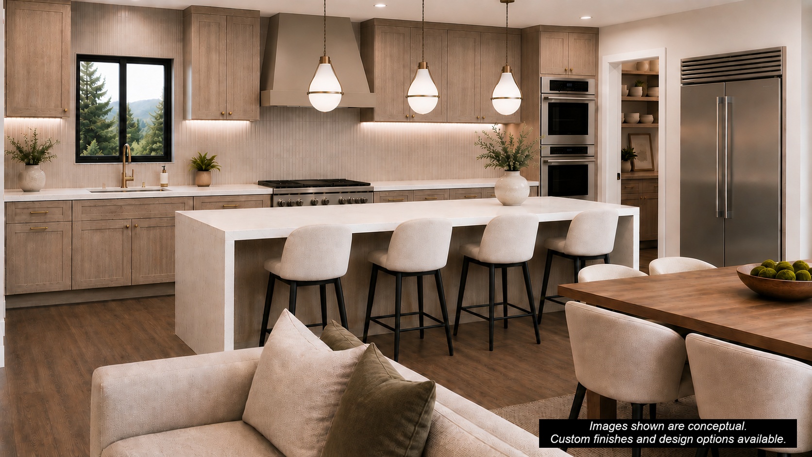 Rendering of the gourmet kitchen in the Discovery Ridge build-to-suit home featuring a large island, premium appliances, and contemporary mountain finishes
