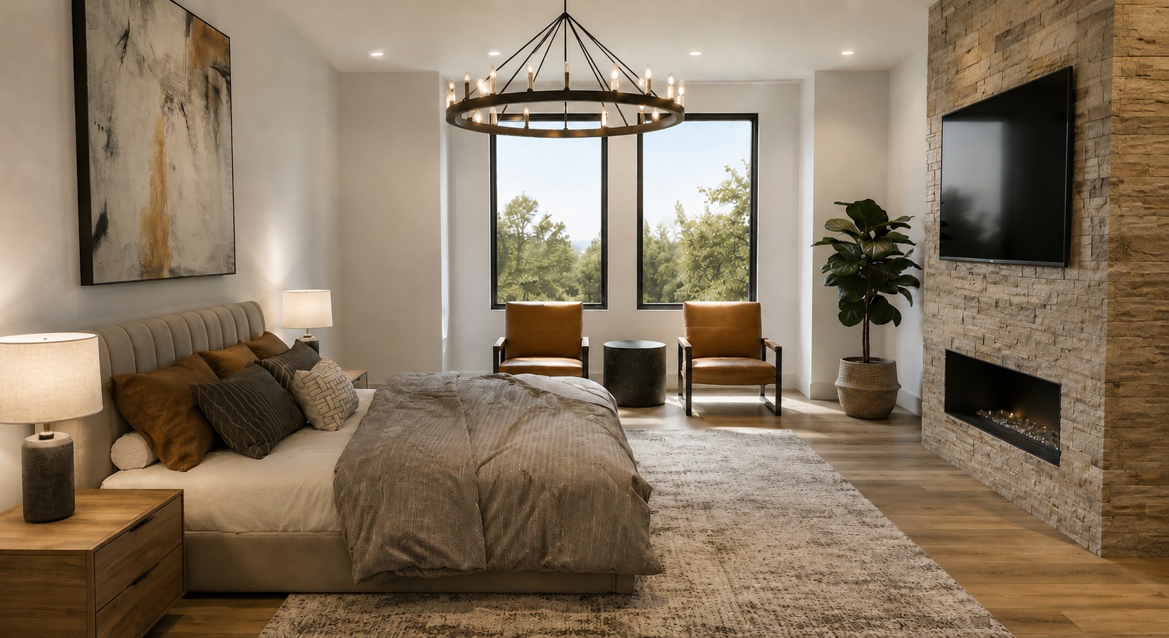 Rendering of the primary suite in the Discovery Ridge build-to-suit home with large windows, modern finishes, and a spacious mountain-inspired design.