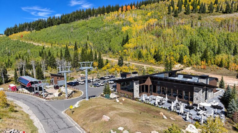Aerial view of The Colony's private ski clubhouse next to the Quicksilver Gondola at Park City Mountain Resort.
