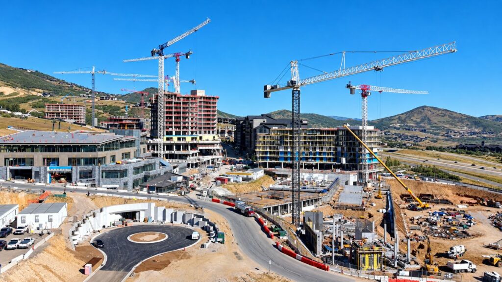 Aerial view of construction progress at Cormont Deer Valley in Deer Valley® East Village, Park City, Utah (September 2026).