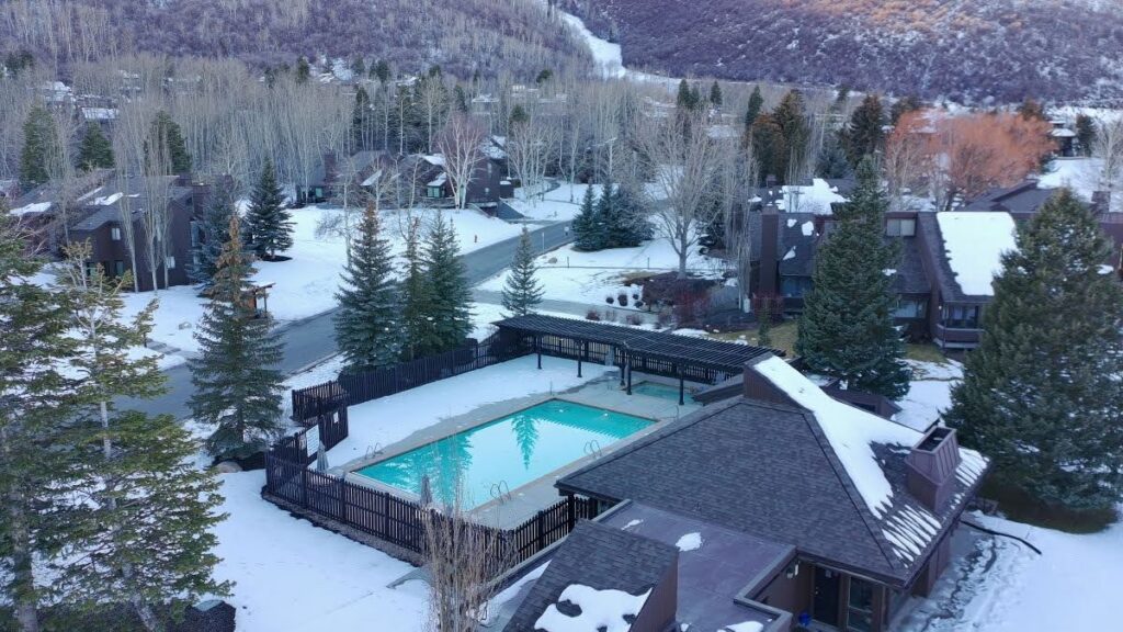 Aerial view of the Three Kings clubhouse and swimming pool near the Park City Municipal Golf Course in Park City, Utah