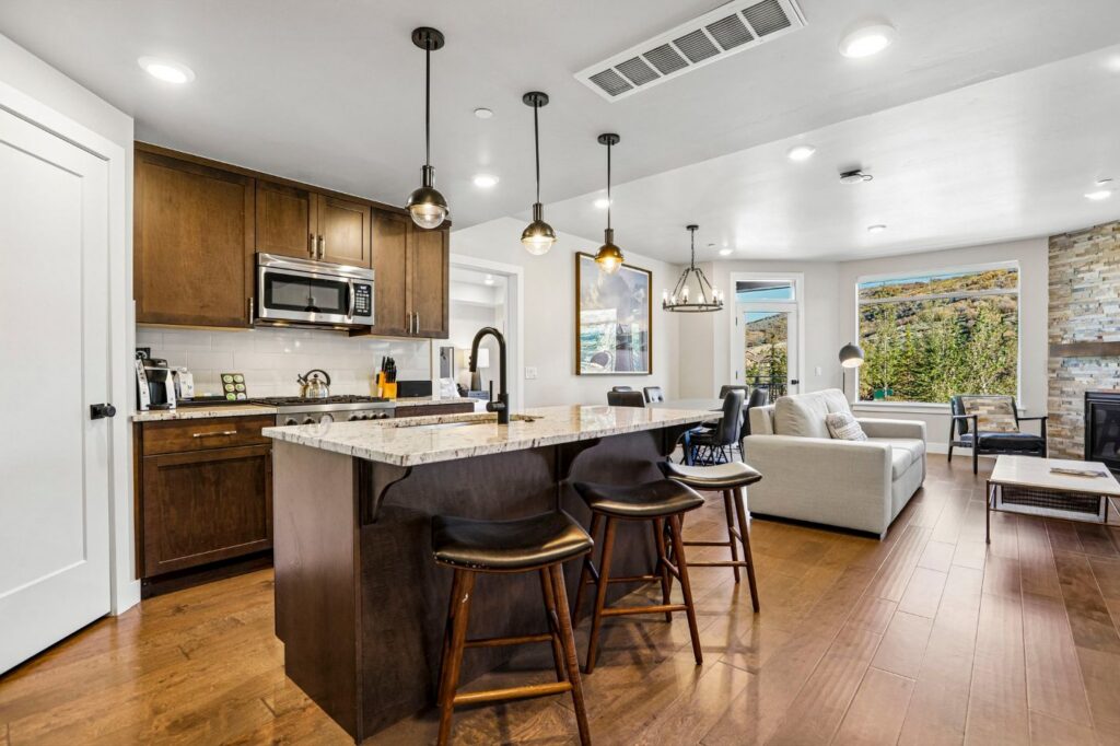 Fully equipped kitchen with Bertazzoni appliances in the two-bedroom Black Rock Mountain Resort condominium #508 near Park City