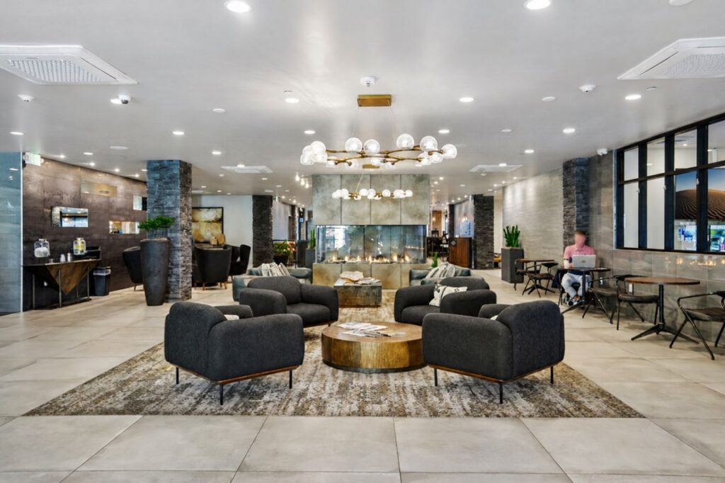 Contemporary mountain luxury lobby at Black Rock Mountain Resort near Park City, Utah, featuring upscale furnishings and modern interior design.
