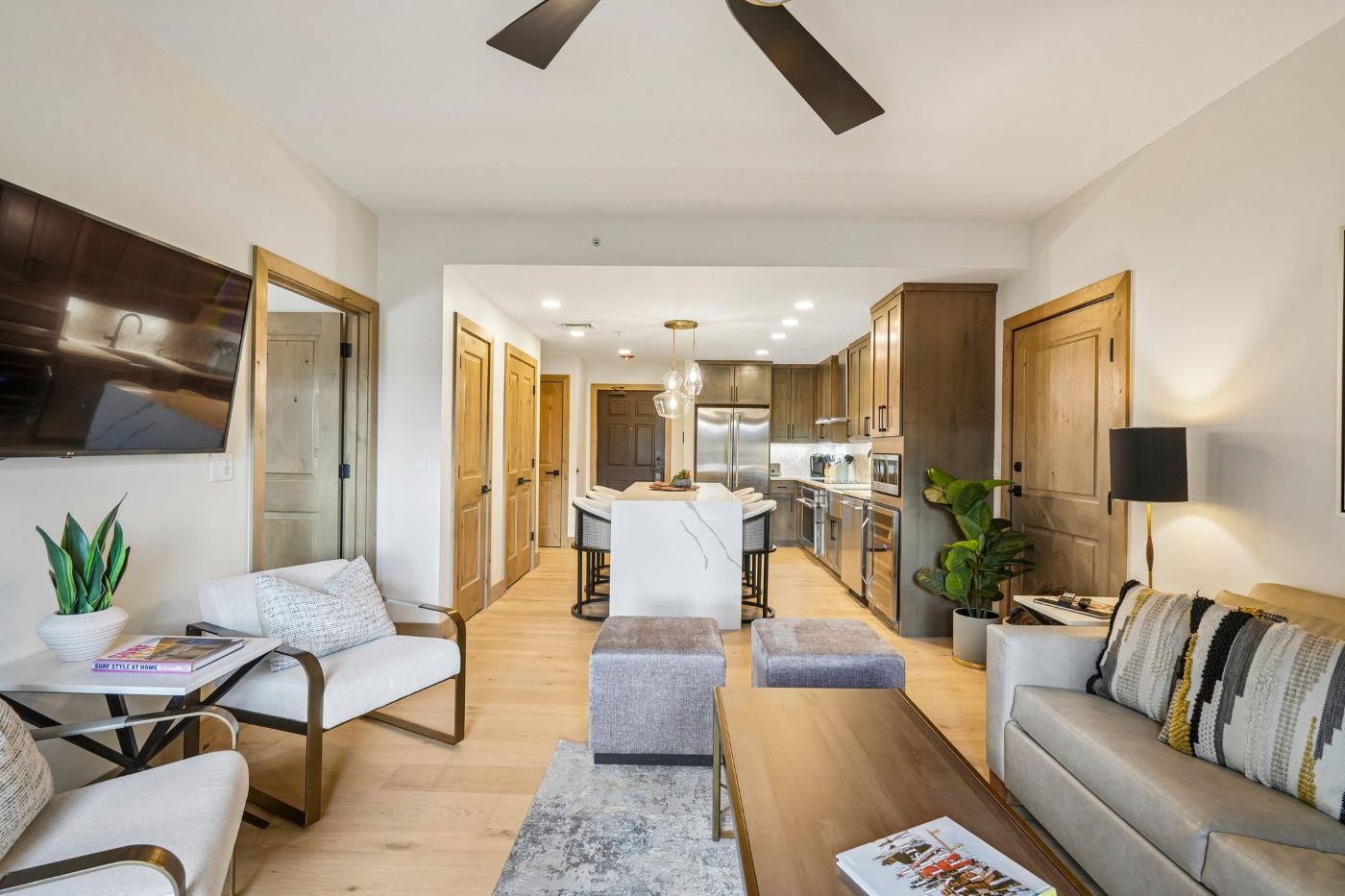 Furnished living area in Westgate Park City one-bedroom condo #3301A with gas fireplace and sleeper sofa.