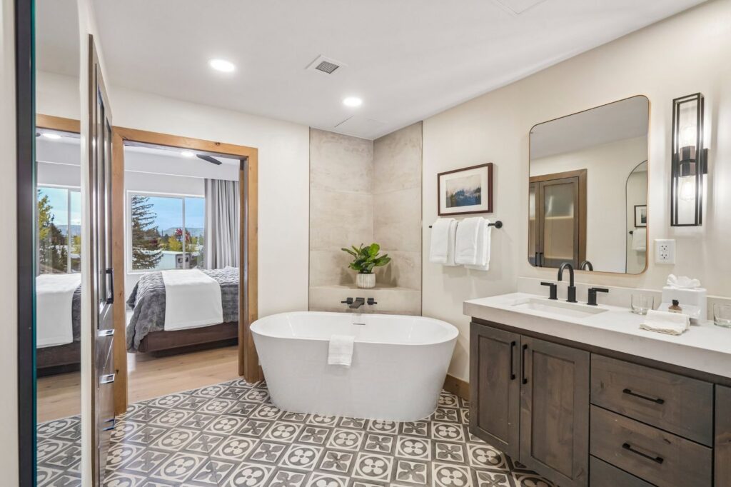 Updated bathroom with modern bathtub in Westgate Park City condo #3301A.