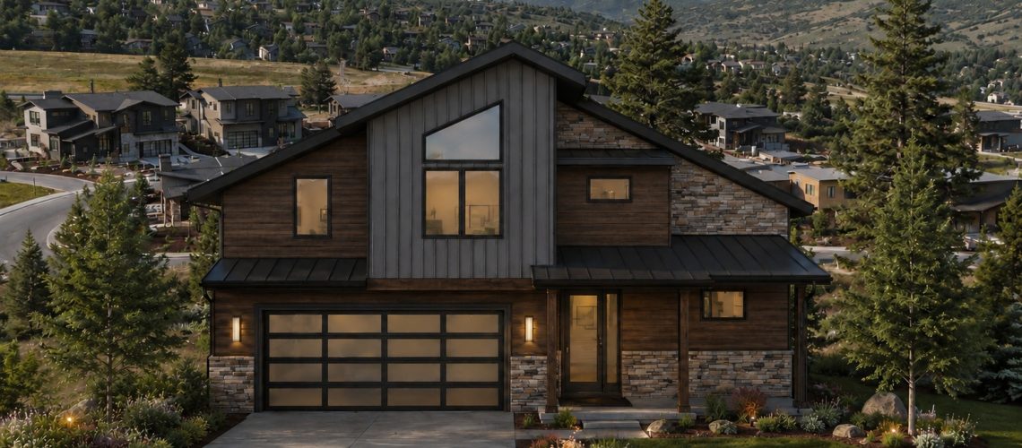 Exterior rendering of the build-to-suit home at 4086 Crest Court in Discovery Ridge, Park City, featuring modern mountain architecture and semi-custom design.