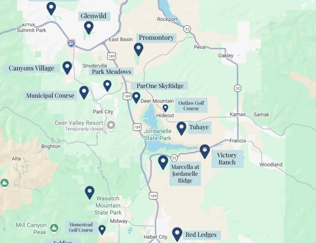 Map of golf communities near Park City, Utah, throughout the Wasatch Back, including Promontory, Glenwild, Tuhaye, Marcella, Victory Ranch, Red Ledges, and more