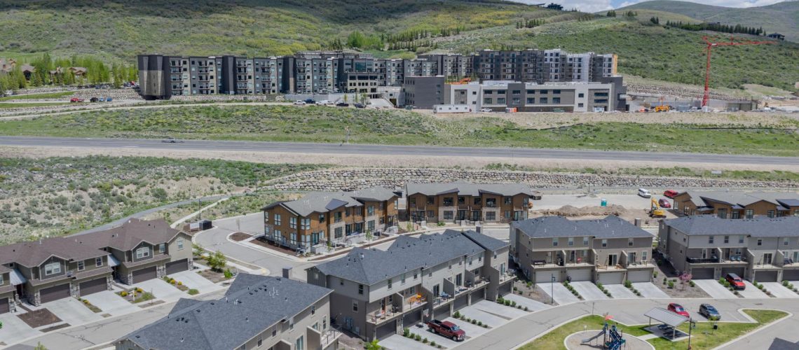 Aerial of Wasatch Springs townhomes near Park City with Black Rock Mountain Resort, Ice Arena and Event Center in the Background